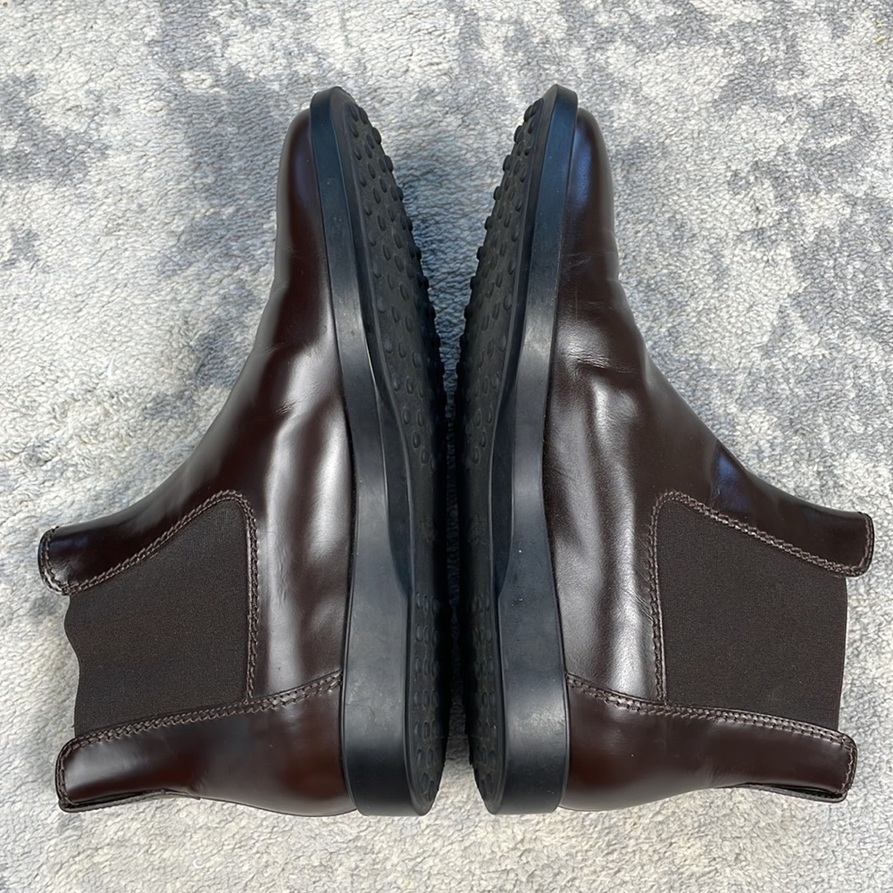 Tods Chelsea Boots Dark Brown Glossy Smooth Leather Shoes US 7.5 - Picture 10 of 13